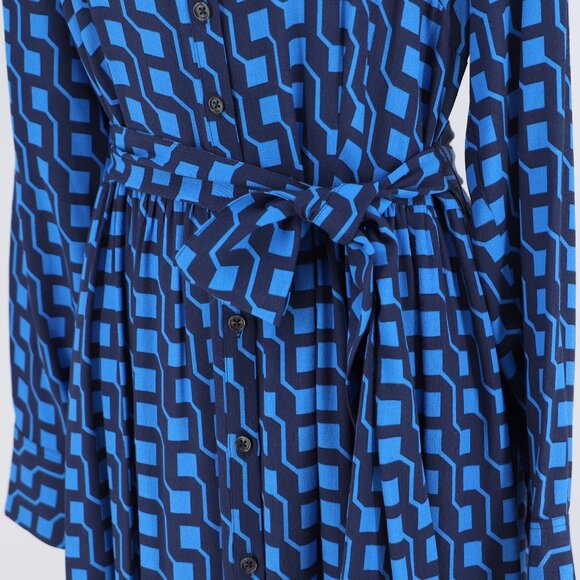 BODEN Flo Tiered Midi Shirt Dress Tie Belt Blue Geo Print Long Sleeve US Size 8 - Picture 6 of 8